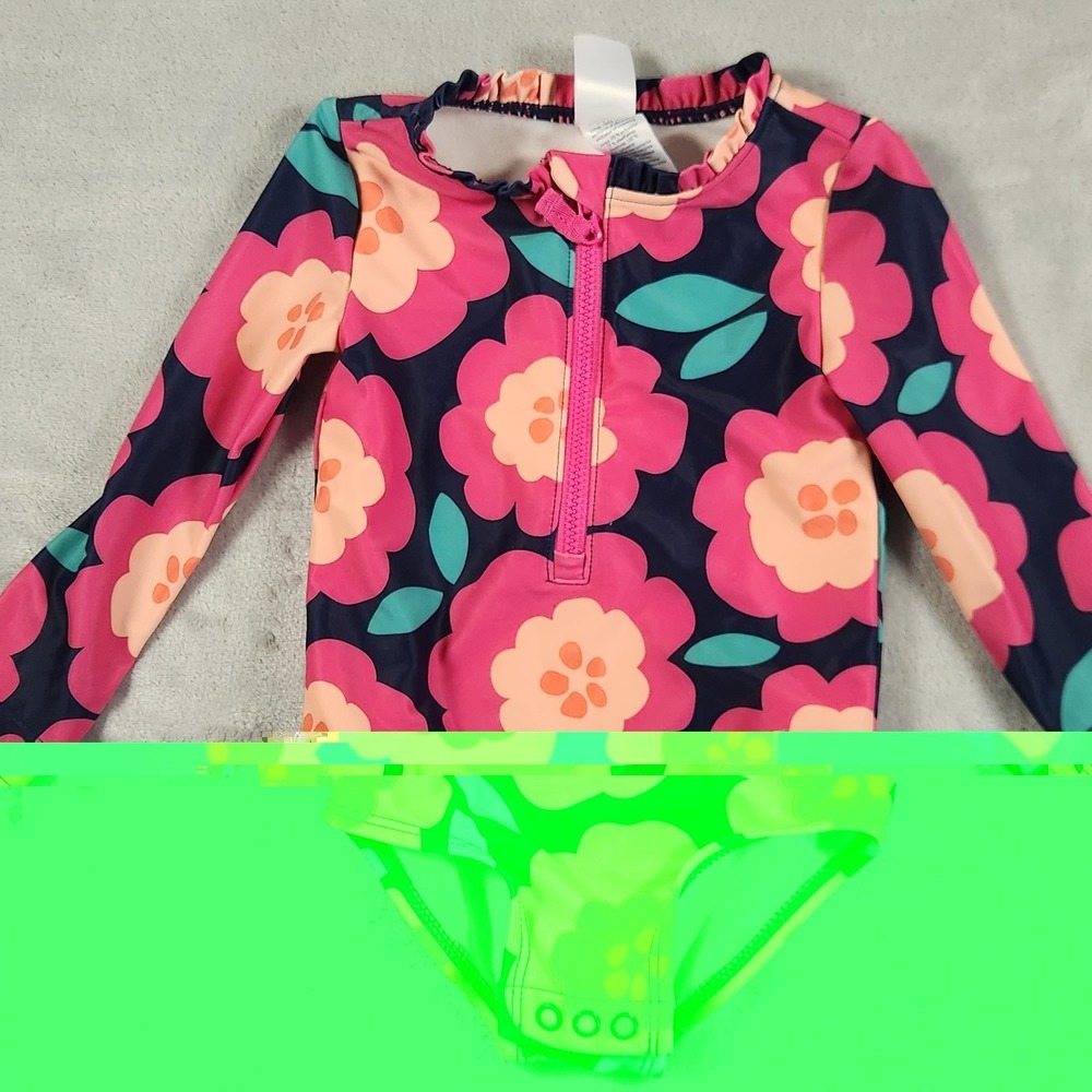 Carters Girls 12M Navy Pink Floral Long Sleeve One Piece‎ Swim Suit